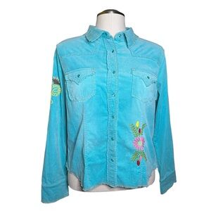 Ivy Jane Blue Embroidered Soft Western Button Down Shirt